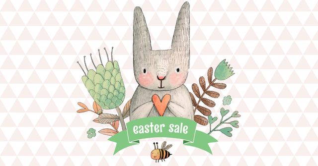 Ontwerpsjabloon van Facebook AD van Easter Sale with Cute Bunny holding Heart