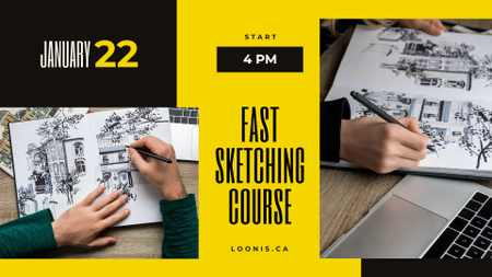 Sketching Courses Ad Painter drawing house FB event cover Design Template