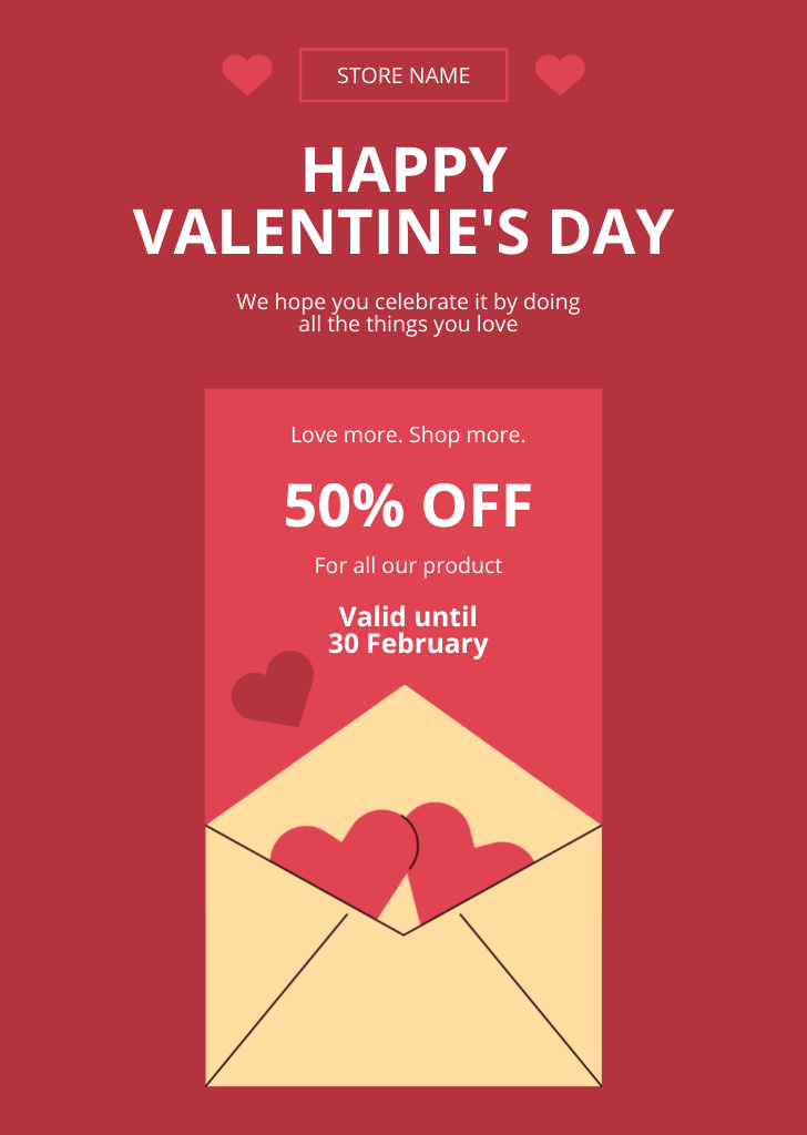 Ontwerpsjabloon van Postcard A6 Vertical van Valentine's Day Sale Offer With Hearts In Envelope