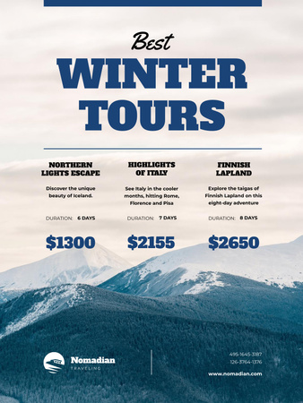 Winter Tour Offer with Snowy Mountains Poster US Design Template