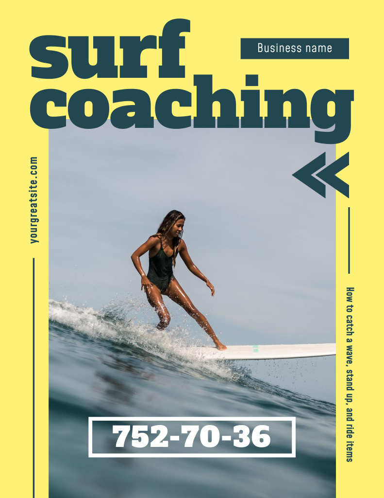 Surf Coaching Offer with Woman on Surfboard Poster 8.5x11in tervezősablon