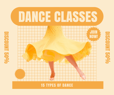 Designvorlage Förderung von Tanzkursen mit einer Frau im gelben Kleid für Facebook