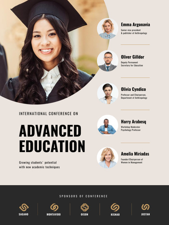 Modèle de visuel Annonce d'une conférence sur l'éducation avec une fille en chapeau de graduation - Poster US