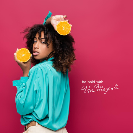 Ontwerpsjabloon van Instagram van Jonge vrouw poseren met sinaasappelen