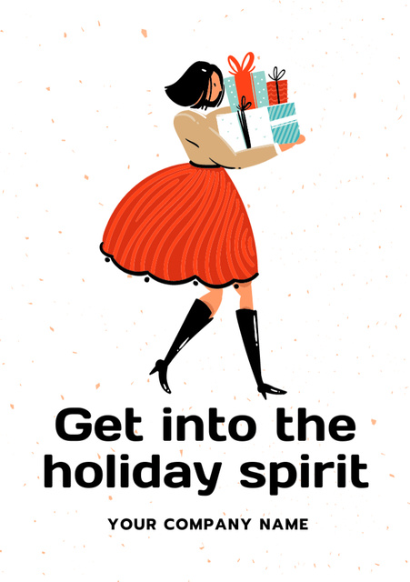 Young Girl Carrying Bright Christmas Gifts Flyer A5 Modelo de Design