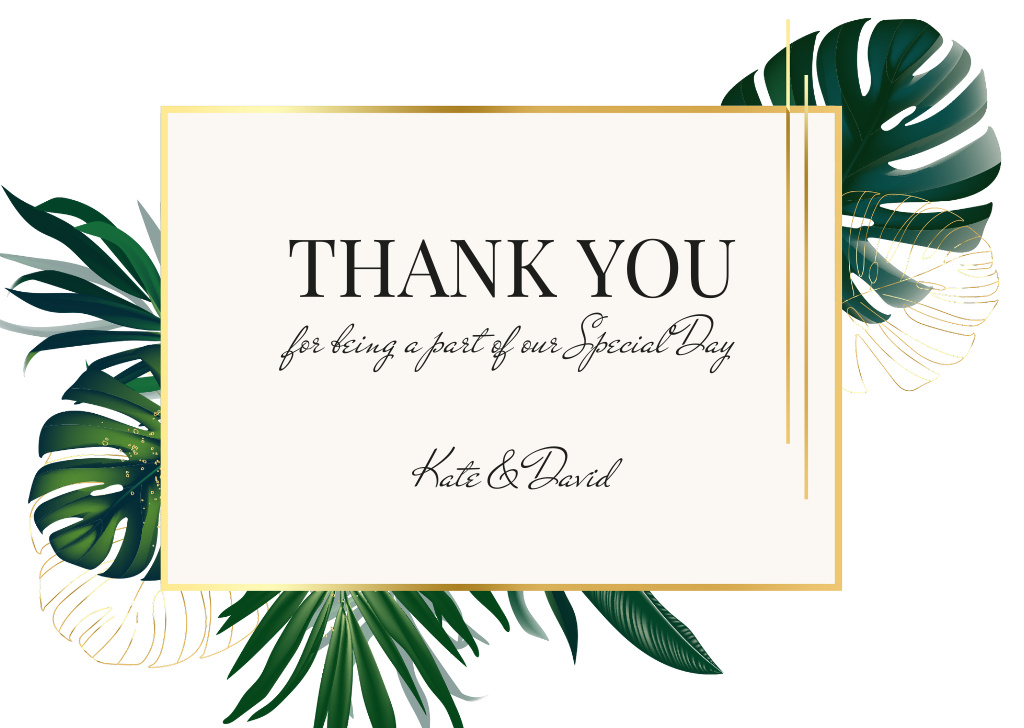 Wedding Thank You Message with Green Palm Leaves Card Πρότυπο σχεδίασης