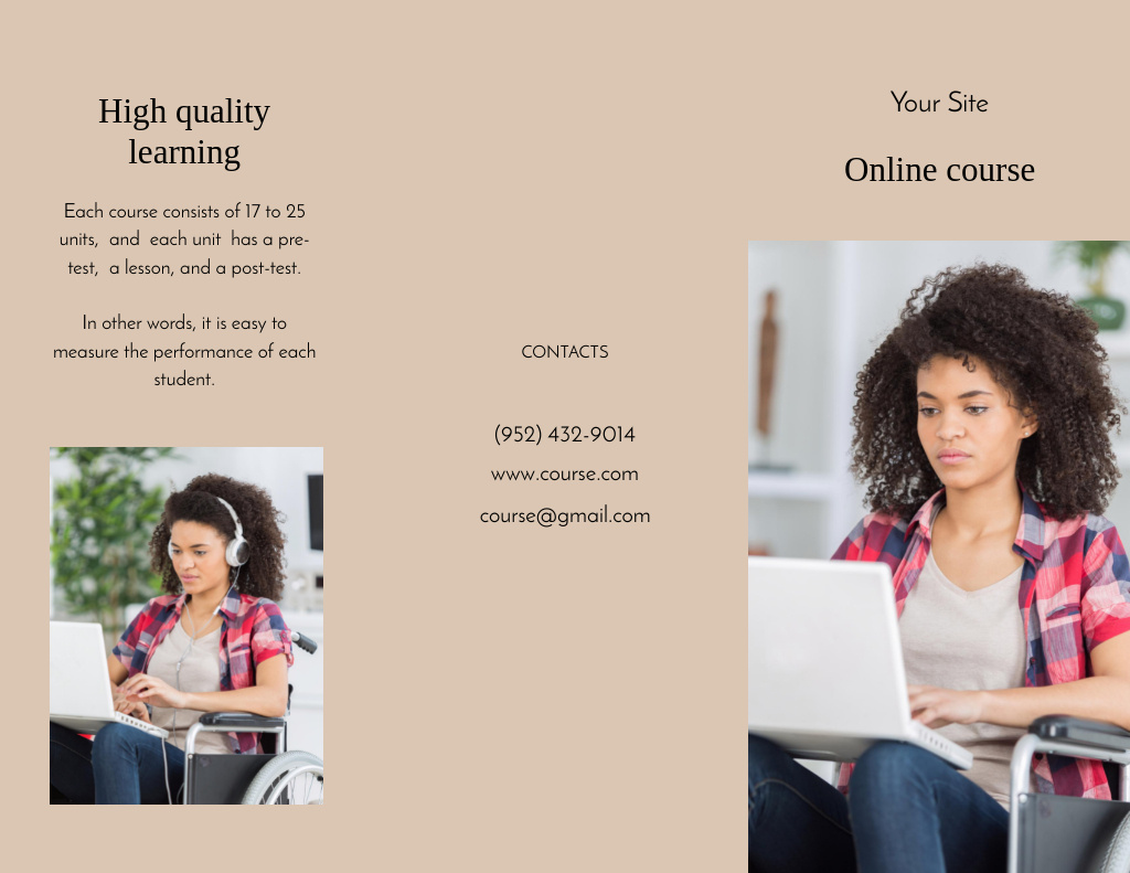 Online Courses Ad with Woman is using Laptop Brochure 8.5x11in Tasarım Şablonu