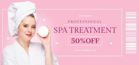 Spa Treatment Promo with Young Woman Holding Jar of Cream Coupon Din Largeデザインテンプレート