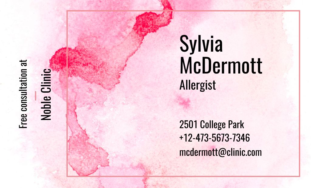 Doctor Contacts on Watercolor Paint Blots in Pink Business Card 91x55mm – шаблон для дизайна