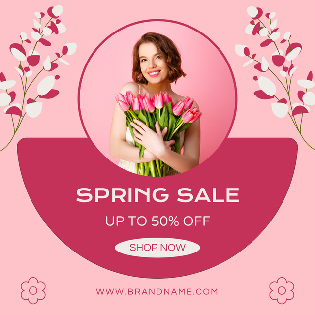 Spring Sale with Beautiful Young Woman with Tulips Instagram Design Template