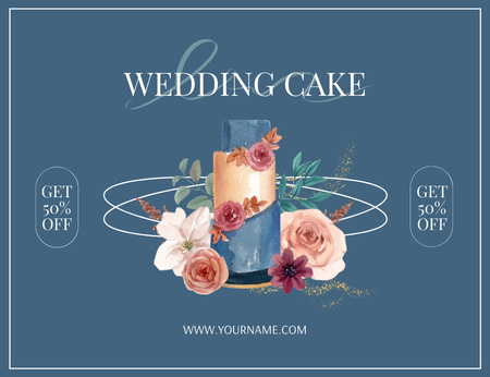 Wedding Offer with Delicious Cake on Blue Thank You Card 5.5x4in Horizontal Design Template