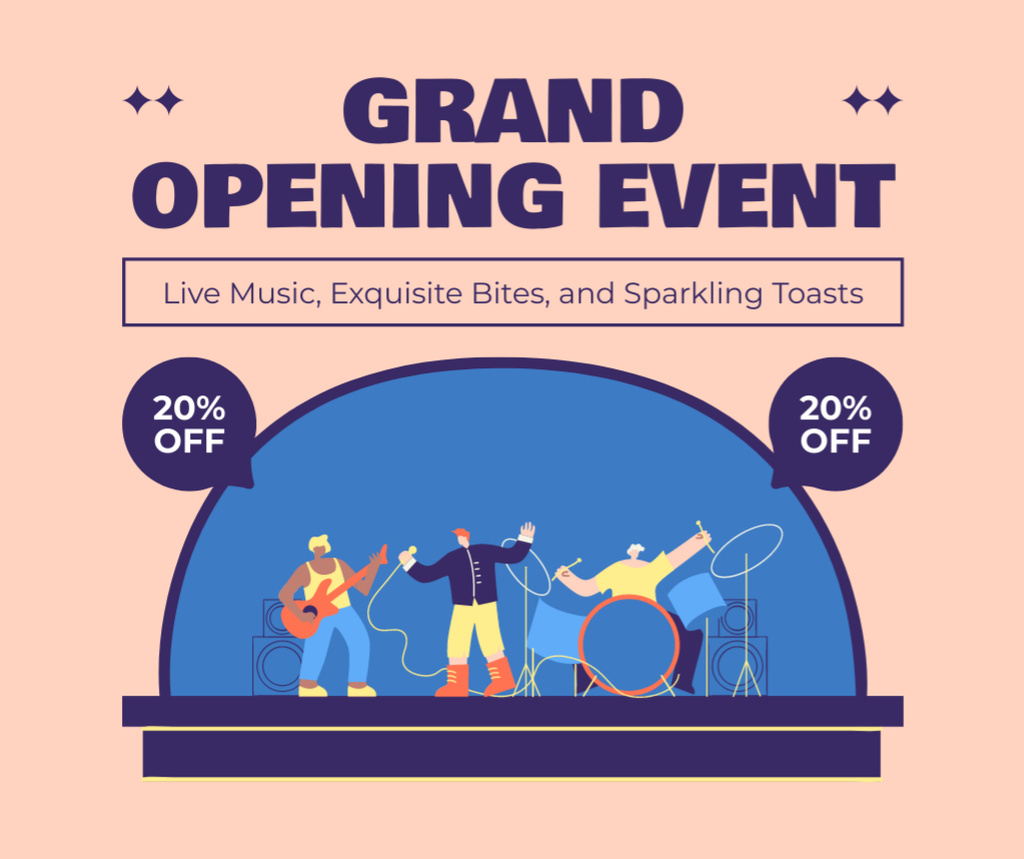 Designvorlage Grand Opening Event With Discount And Musicians für Facebook