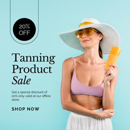 Template di design Vendita di prodotti abbronzanti con donna in cappello Instagram AD