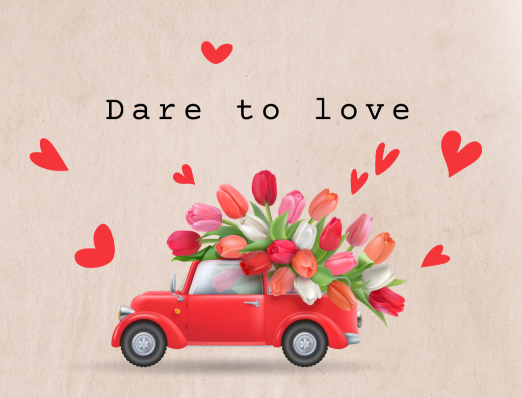 Designvorlage Valentine's Day Cheers with Tulips on Retro Car für Postcard 4.2x5.5in