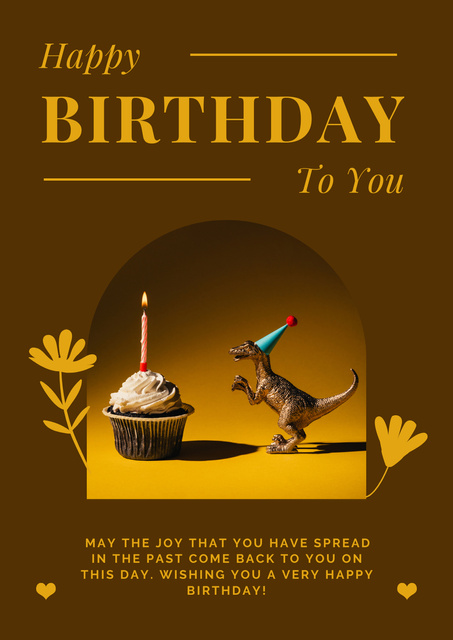 Birthday Wishes with Cute Dinosaur and Cupcake Poster Tasarım Şablonu