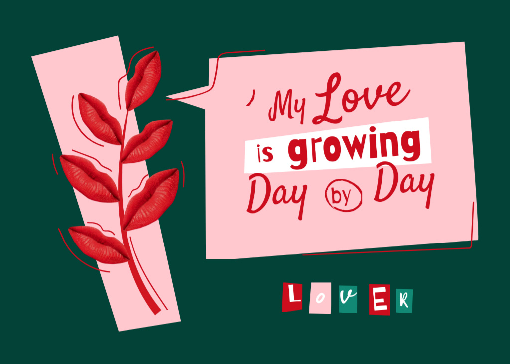 Designvorlage Cute Love Phrase With Bright Red Leaf in Green für Postcard 5x7in