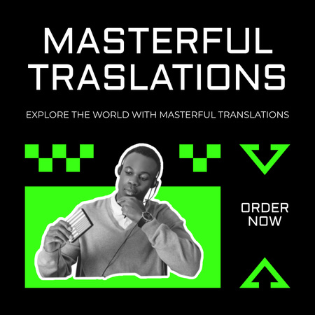 Template di design Offerta di traduzioni competenti con slogan in nero Instagram AD