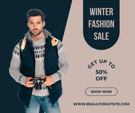 Αγγελία χειμερινής έκπτωσης μόδας με όμορφο άντρα Facebook Πρότυπο σχεδίασης