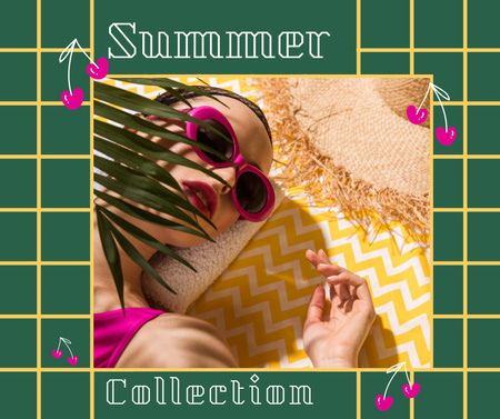 Summer Collection Ad with Young Woman on Beach Mat Facebook Tasarım Şablonu