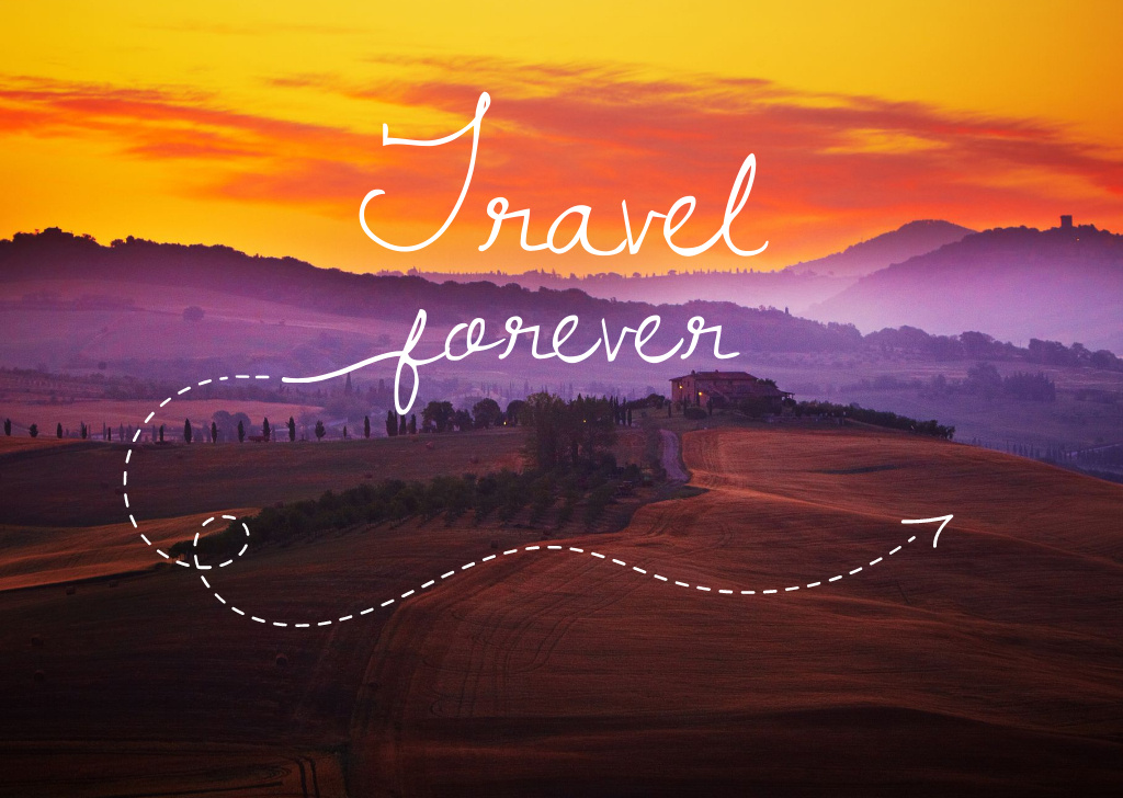 Plantilla de diseño de Motivational Travel Quote with Sunset Landscape Postcard 