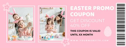 Plantilla de diseño de Promoción de Pascua con madre e hija alegres en orejas de conejo Coupon 