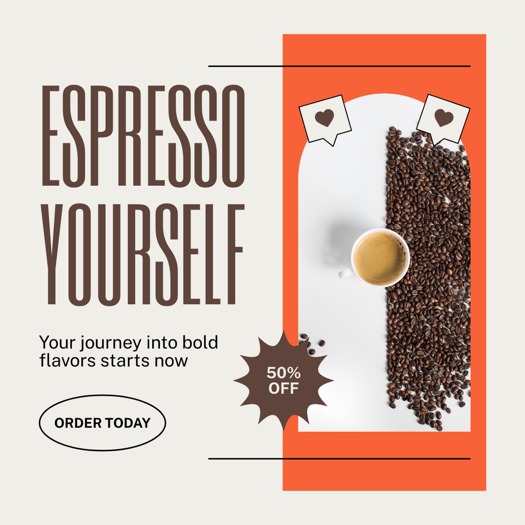 Flavorful Espresso At Half Price In Coffee Shop Instagram Šablona návrhu