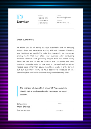 Business Company Pricing Model Changes Notification Letterhead Design Template