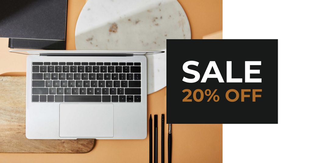 Discount Sale Offer with Laptop on Table Facebook AD Tasarım Şablonu
