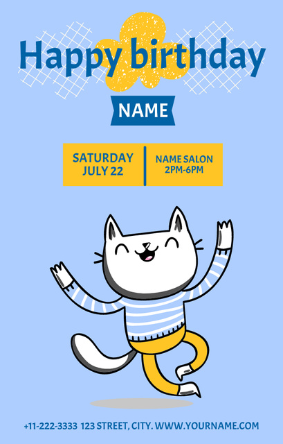 Plantilla de diseño de Happy Birthday Greeting with Cute Funny Cat Invitation 4.6x7.2in 