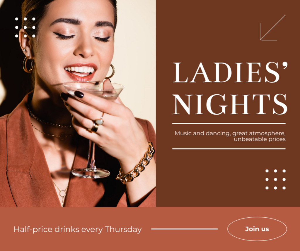 Announcement of Special Offer for Cocktails on Lady's Night Facebook Design Template