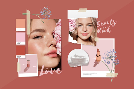 Girl with tender Makeup in Pink Mood Board Design Template