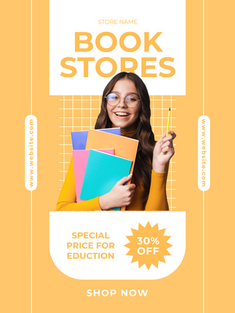 Template di design Studentessa felice sull'annuncio del negozio di libri Poster US