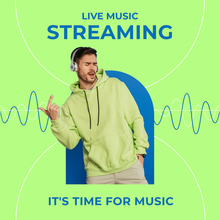 Live Music Streaming with Young Man in Headphones Instagram Design Template