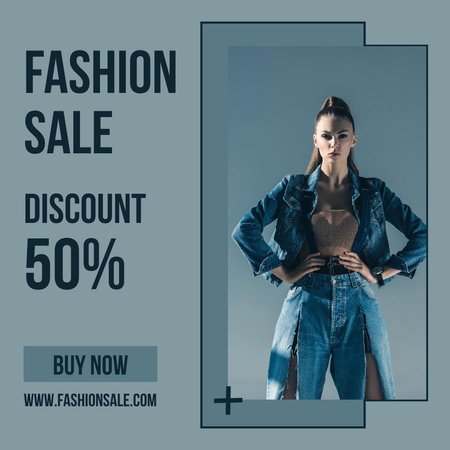Fashion Sale Ad with Woman Wearing Denim Clothes  Instagram tervezősablon