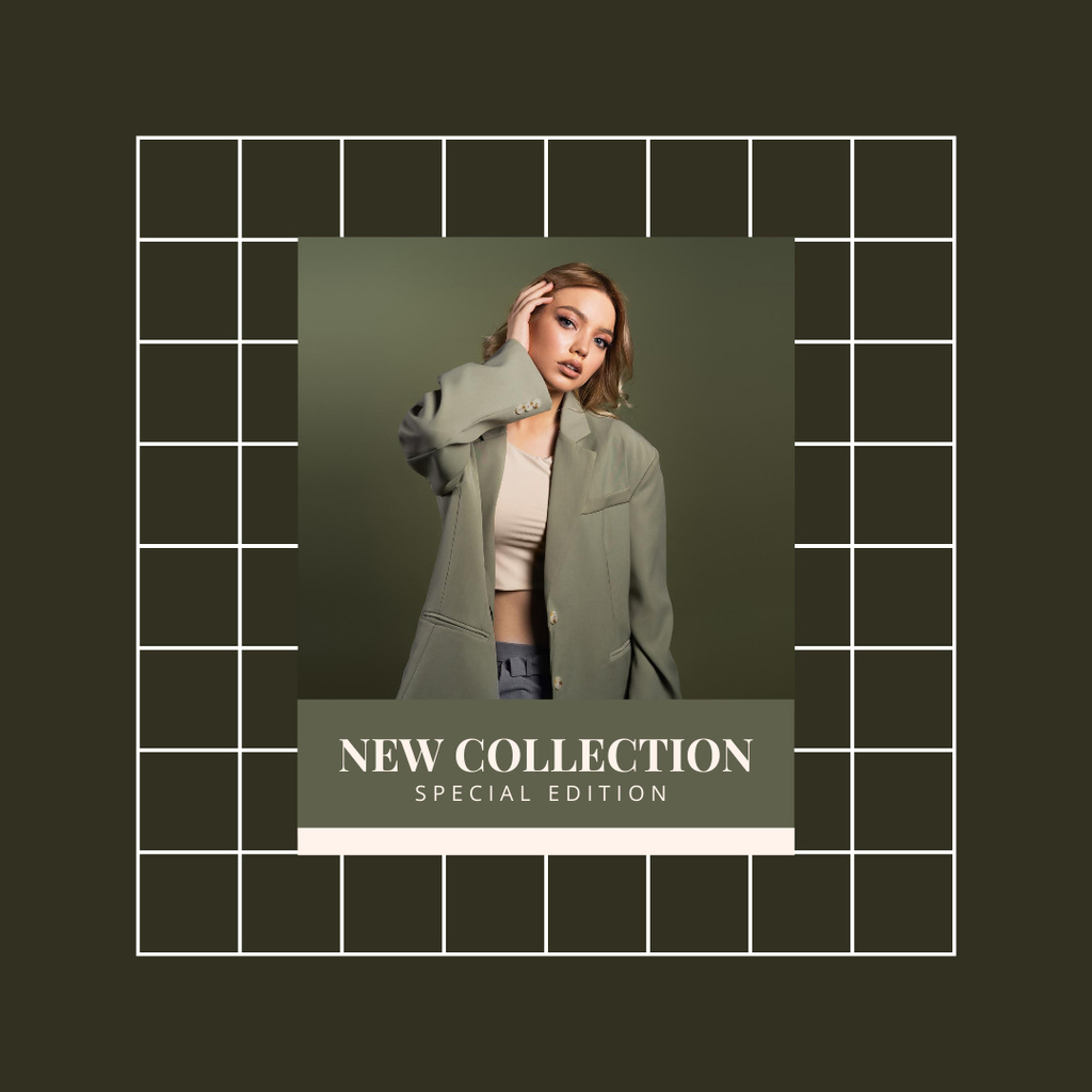 New Women Clothes Collection with Lady in Green Jacket Instagram tervezősablon