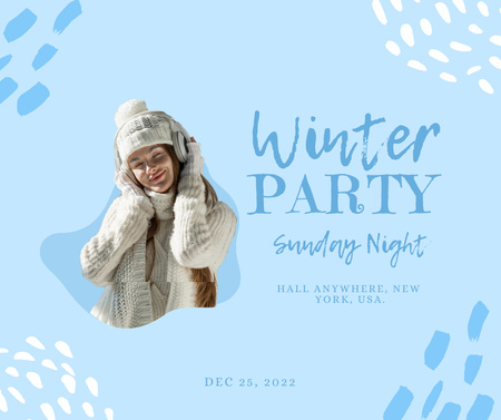 Designvorlage Winterparty-Ankündigung mit attraktivem jungen Mädchen im Pullover für Facebook