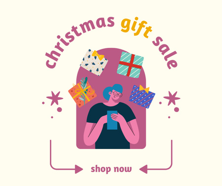 Designvorlage Weihnachtsverkaufsangebot illustriertes Mädchen mit Geschenken für Facebook