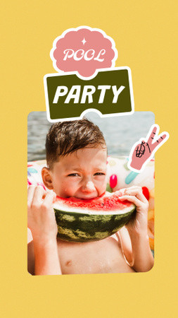 Ontwerpsjabloon van Instagram Story van pool party uitnodiging met kid eten watermeloen