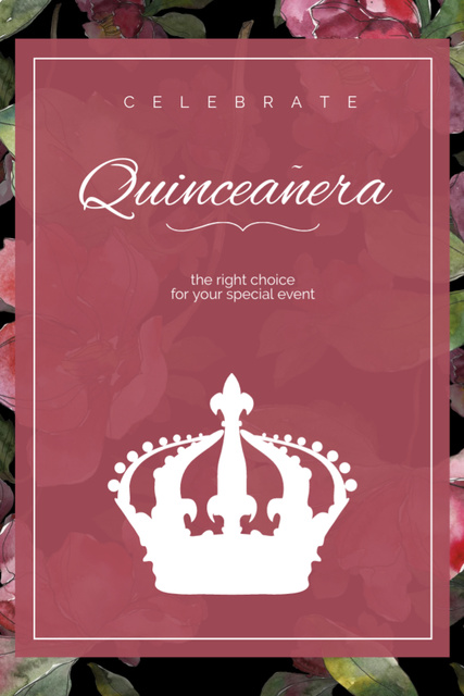 Memorable Quinceañera Celebration With Crown and Watercolor Flowers Flyer 4x6in – шаблон для дизайну