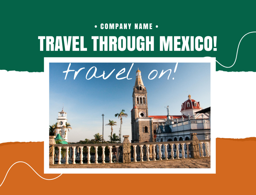 Designvorlage Travel Tour Offer in Mexico with Flag für Postcard 4.2x5.5in