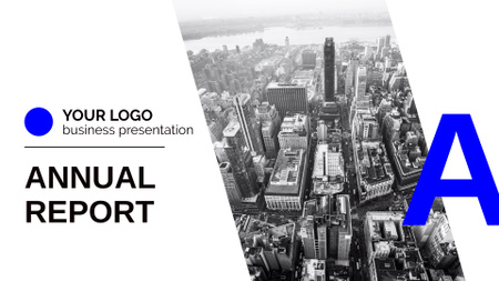 Annual Company Report with Modern City Buildings Presentation Wide Design Template