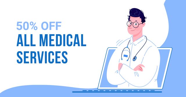 Medical Services offer with Doctor and laptop Facebook AD Design Template