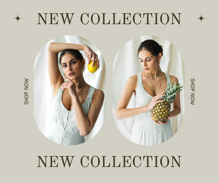 Ontwerpsjabloon van Facebook van Woman Posing with Exotic Fruits for New Fashion Collection Ad