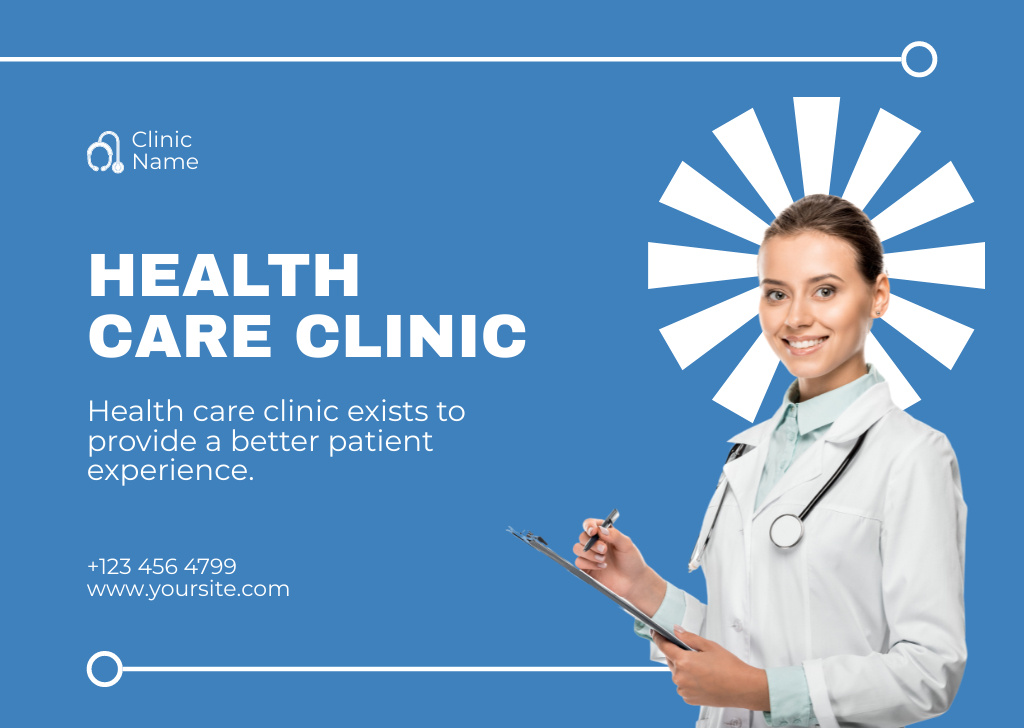 Healthcare Clinic Ad with Friendly Doctor Card Tasarım Şablonu