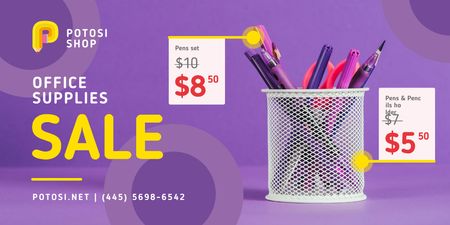 Office Supplies Sale with Stationery in Purple Twitter Design Template