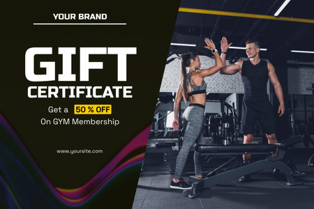 Ontwerpsjabloon van Gift Certificate van Happy Couple Doing High Five at Gym after Workout