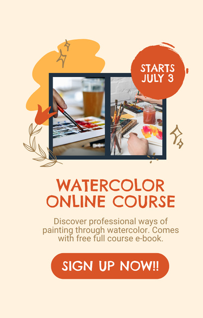 Watercolor Painting Course Ad Layout with Photo Invitation 4.6x7.2inデザインテンプレート