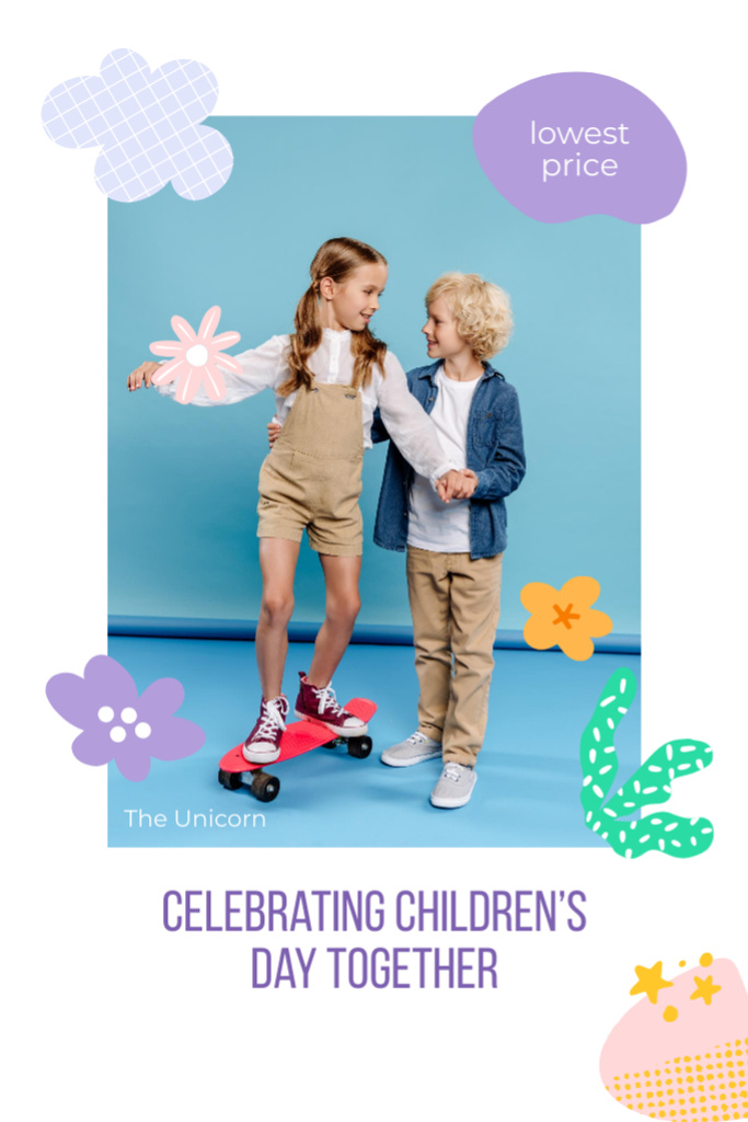 Platilla de diseño Happy Boy and Girl Celebrating Children's Day In White Postcard 4x6in Vertical