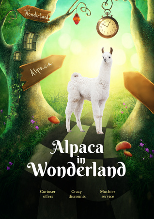 Funny Sale Promotion with Alpaca in Wonderland Poster Design Template