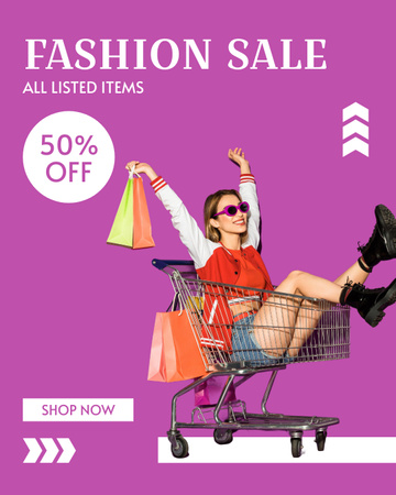 Fashion Sale with Woman in Shopping Cart Instagram Post Vertical Modelo de Design